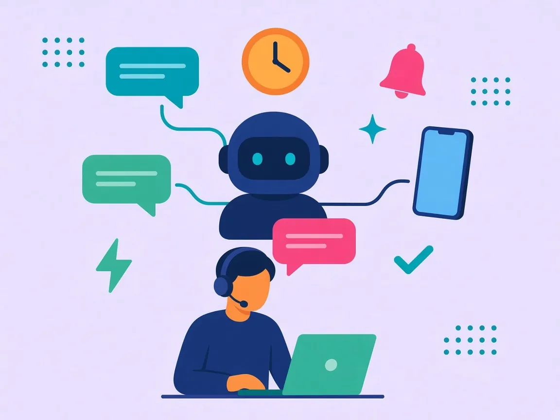 Infographic of an AI assistant passing suggested replies to a human chatter