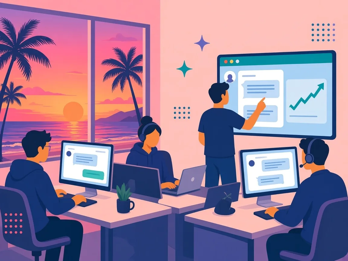 Illustration of OmniOFM chatters working at computers by a window overlooking palm trees, mountains, and the sea at sunset
