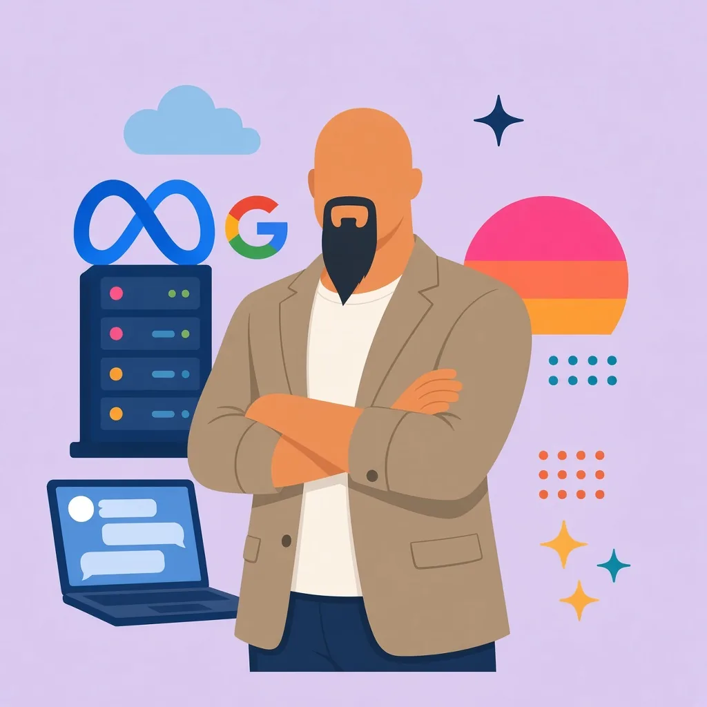 Illustration of our founder: a bald man with a long goatee, arms crossed, in a tan blazer and light t-shirt next to a server rack, an infinity symbol, and a G logo