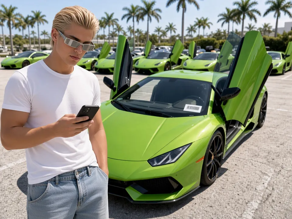 Parody photo: a blonde guy scrolling his phone in front of a row of identical rented green supercars