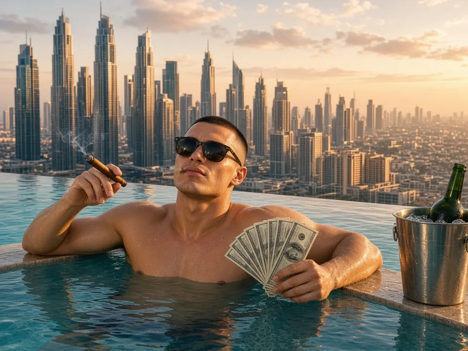 Parody photo: a guy in a rooftop infinity pool with a cigar and a fan of cash, high above a downtown skyline