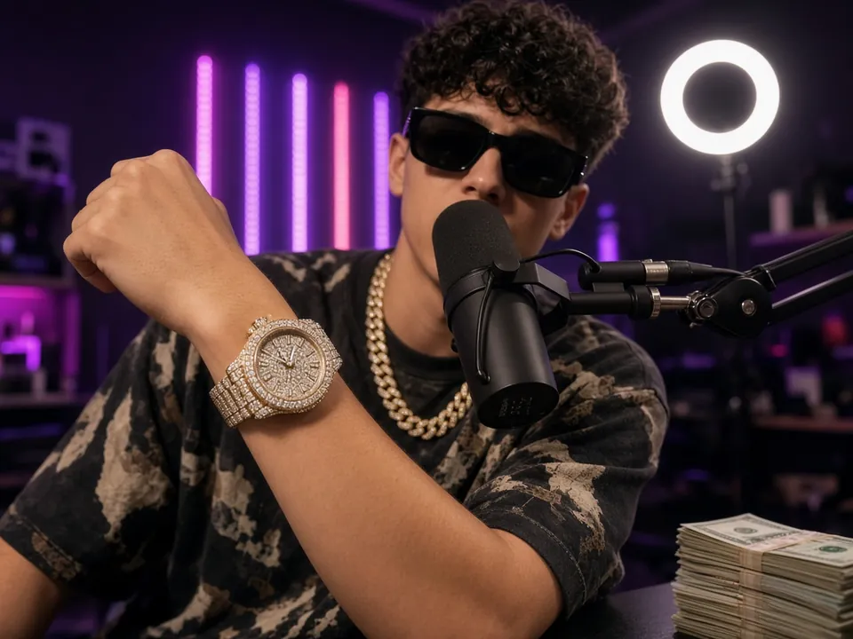Parody photo: a guy in sunglasses flexing a flashy watch into a podcast microphone next to a stack of cash
