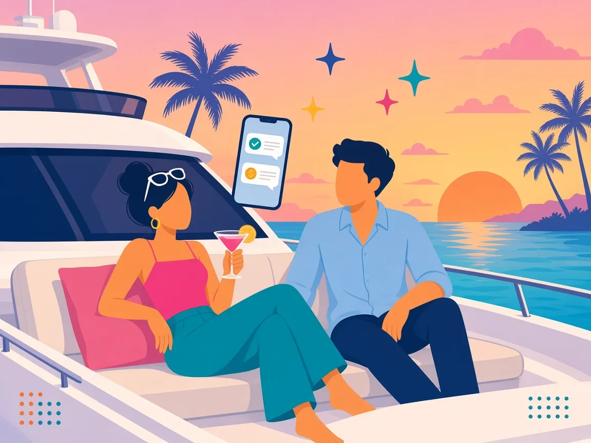 Illustration of a creator relaxing on a yacht at sunset while her phone shows new sales