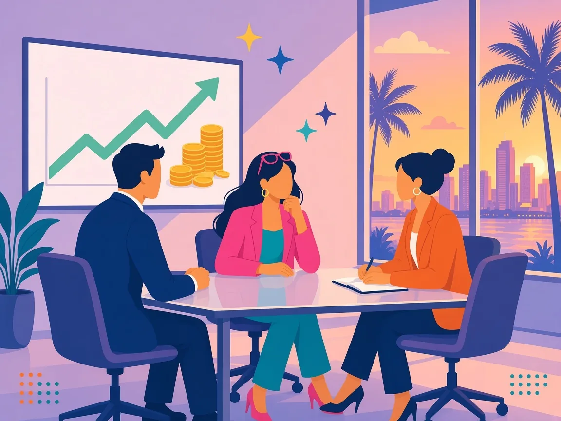 Illustration of a creator meeting with two business advisors over a rising revenue chart