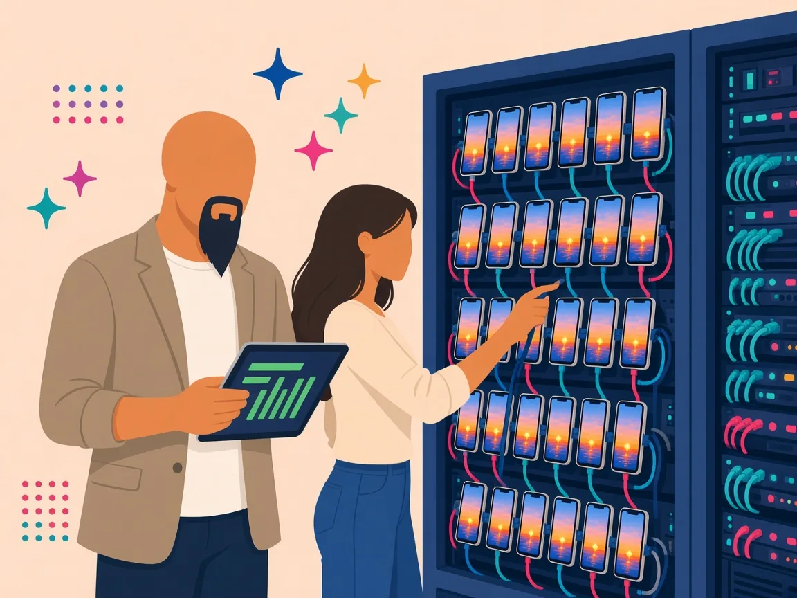 Illustration of our founder and an assistant running a rack of phones next to a server rack