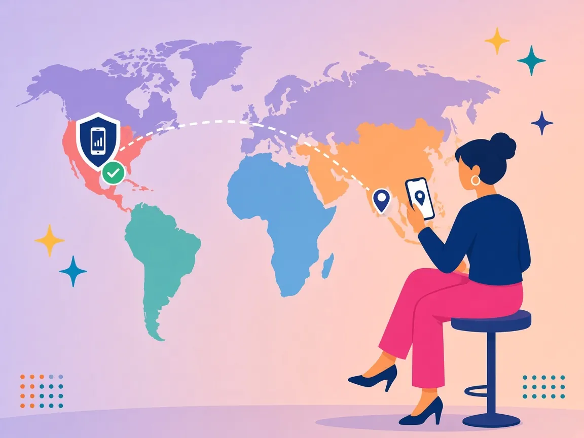Infographic of a person abroad using a phone that connects through a US mobile location